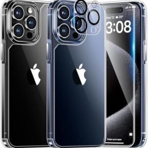 TAURI 5 in 1 for iPhone 15 Pro Case Clear, [Not-Yellowing] with 2X Screen